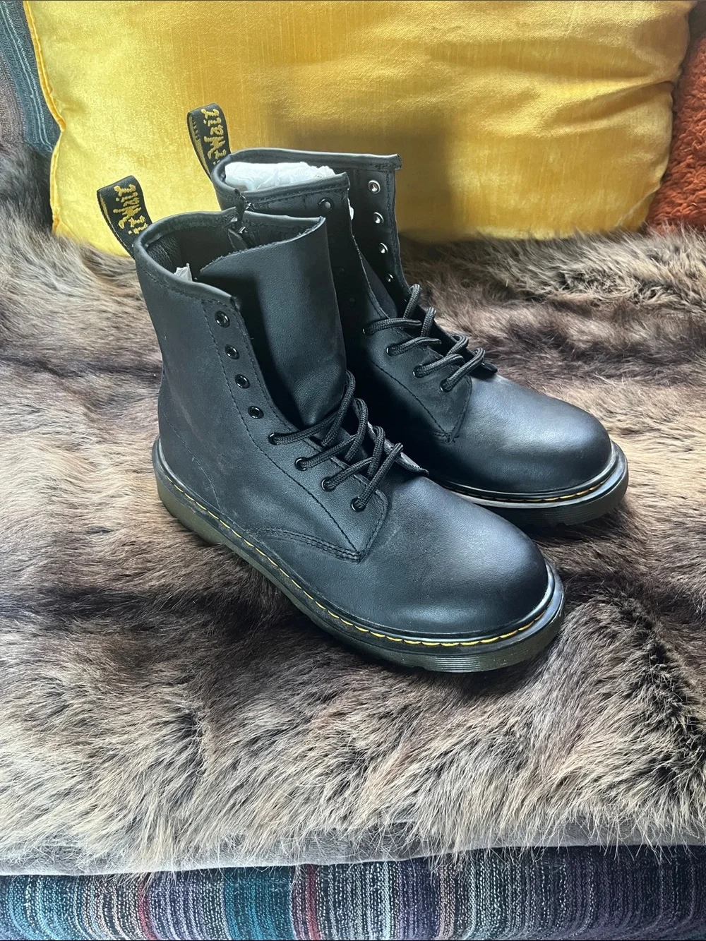 Dr. Martens Black Leather Lace-Up Boots with Yellow Stitching